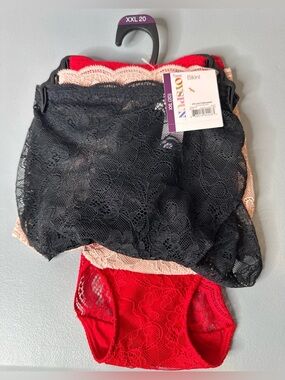 Joyspun Women’s Lace Bikini Panties – Black, Red & Nude (3-Pack) xxl 20 plus Sz